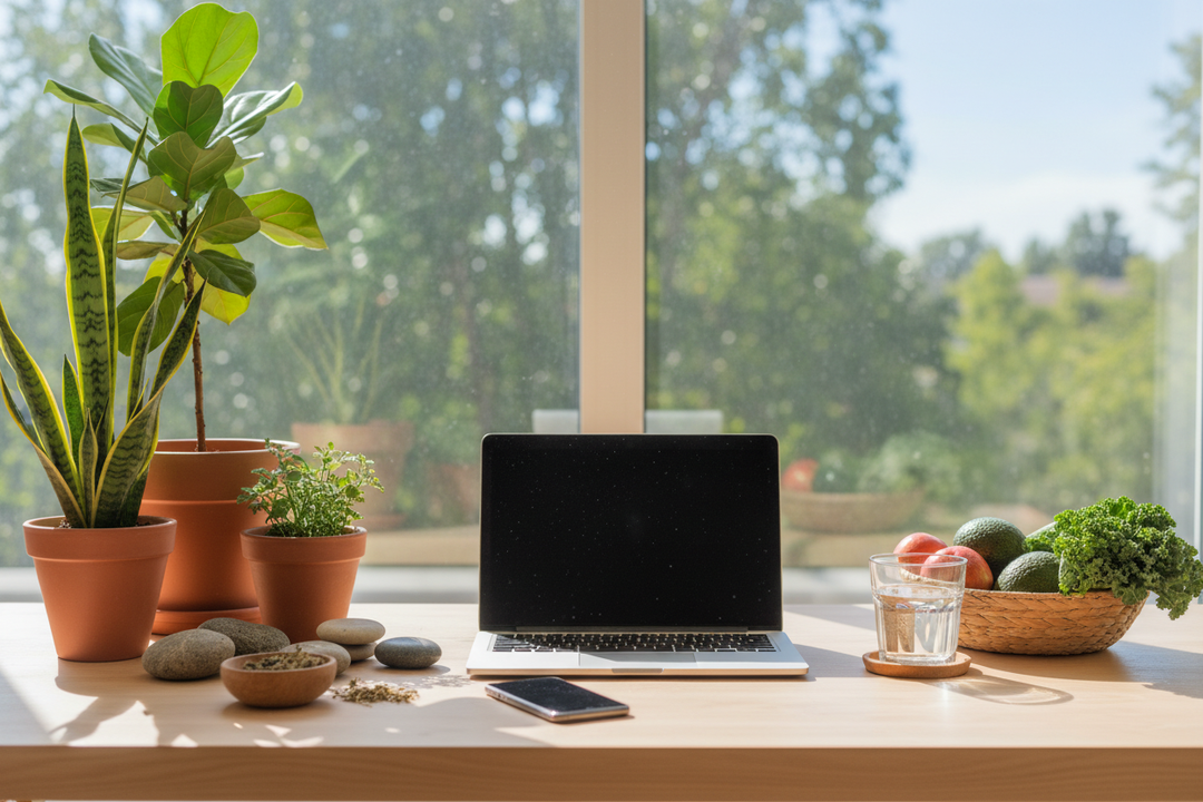 technology computer phone with earth diet background healthy window plant etc
